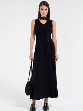 Solene Opal Black Maxi Dress with Detachable Scarf